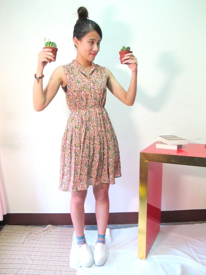 古着洋装 | BD809 | 橘子花 | 印花 | 雪纺 - 洋装/连衣裙 - 其他材质 橘色