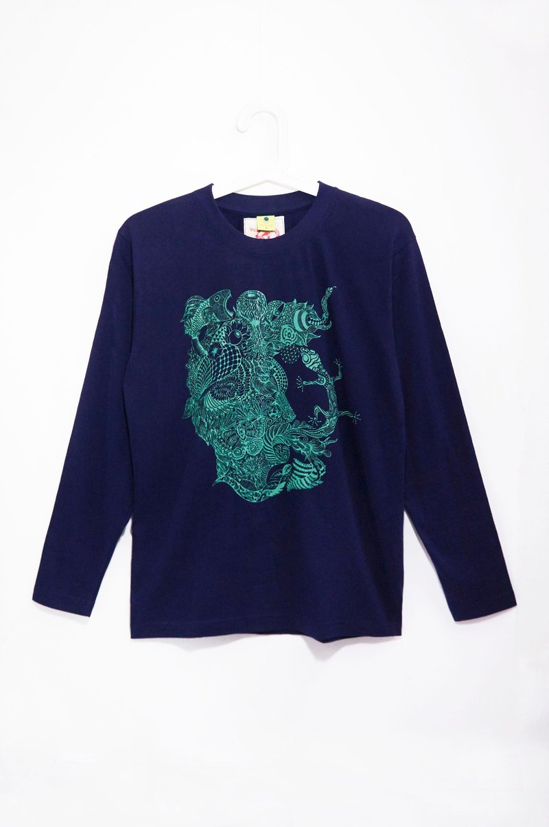 情人节礼物 男版手感长袖上衣 / T-shirt - 心灵之图系列旅行记忆脸庞 ( 丈青S ) - 男装上衣/T 恤 - 棉．麻 蓝色