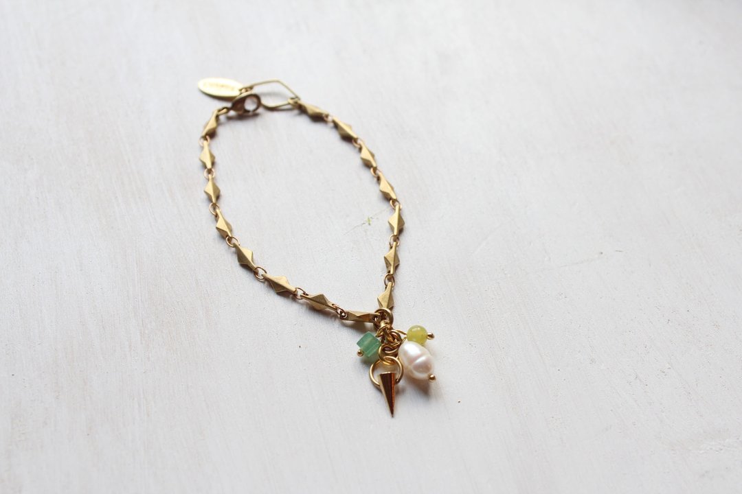 祖母绿.了 | Candy Bracelets．设计手链（绿）橄榄玉＋珍珠＋绿东菱石 | - 手链/手环 - 宝石 金色