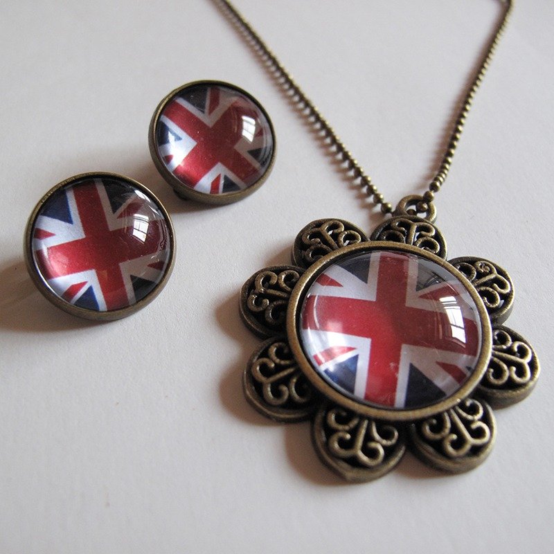英国国旗耳夹耳针项链组 - 项链 - 其他金属 蓝色