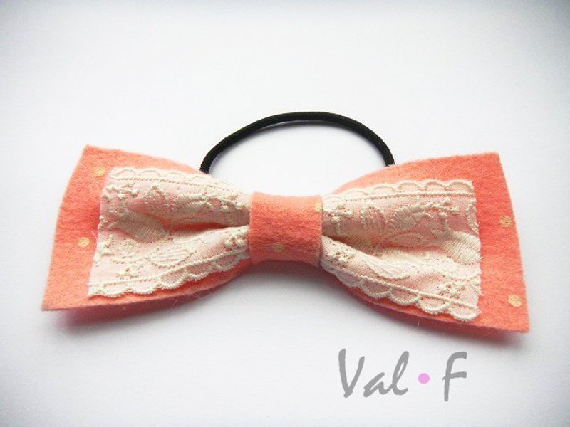 Val·F  for kids 发饰 蝴蝶结 粉橘色 布蕾丝 橡皮筋 手创设计 点点水玉 - 发饰 - 羊毛 