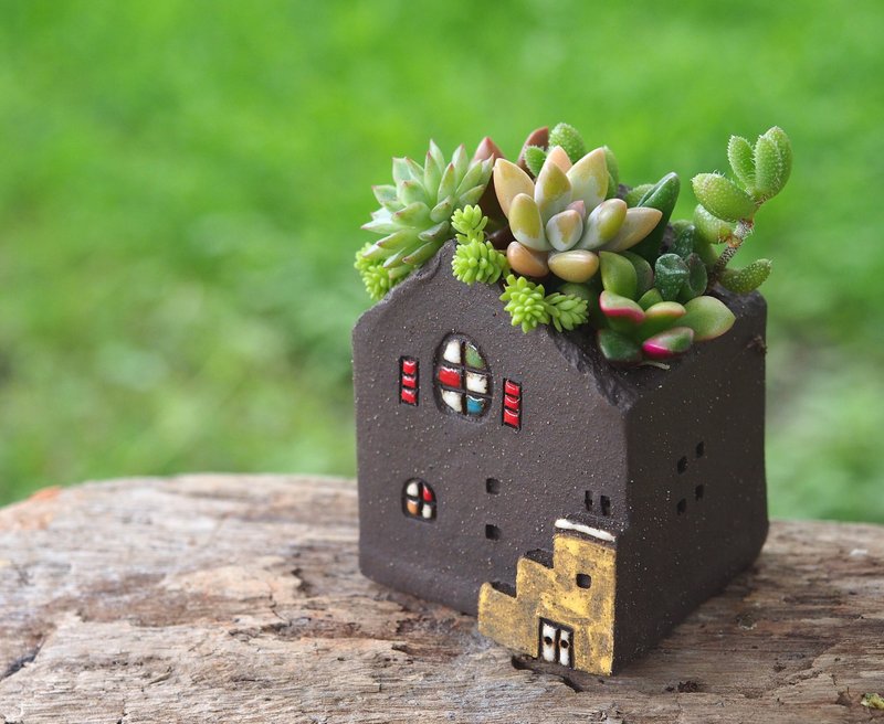 【花园小屋Garden】陶手作-超可爱彩绘小二楼花园(S)/岩石黑色/Ceramic House - 植栽/盆栽 - 其他材质 