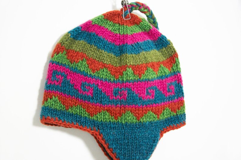 情人节 手工针织羊毛帽 / 手工内刷毛针织帽 / 飞行毛帽 / 针织毛帽 / 毛线帽 - 桃红东欧风几何图案 ( 手工限量一件 ) - 帽子 - 其他材质 多色