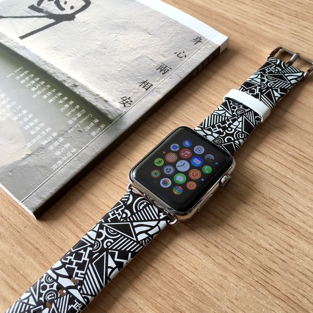 Apple Watch Series 1 - 5 黑色几何拼布图手表带 38 40 42 44 mm - 表带 - 真皮 黑色