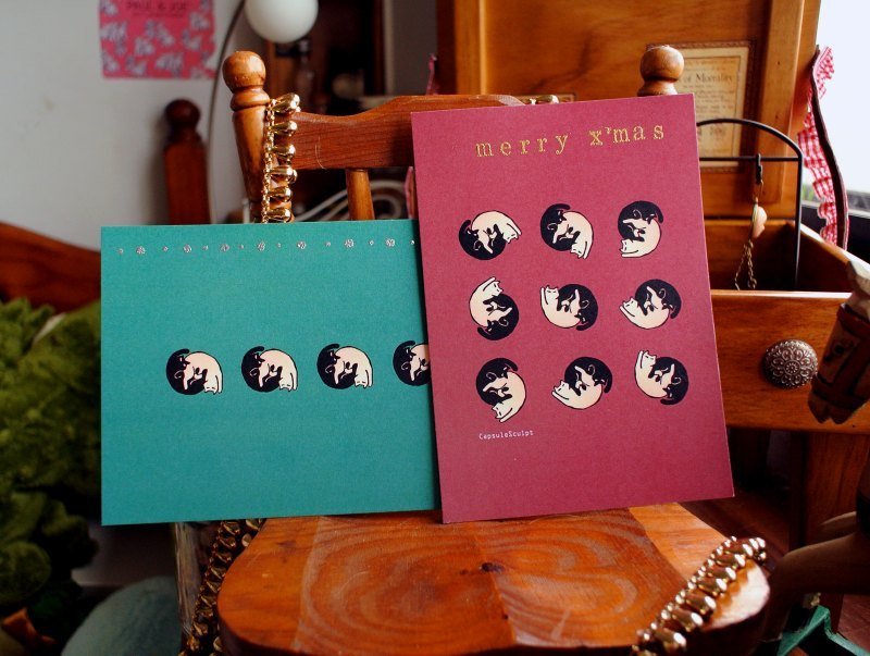 菟刻明信片 红绿猫太极 手工烫金圣诞特别版套组 限量 - 卡片/明信片 - 纸 多色