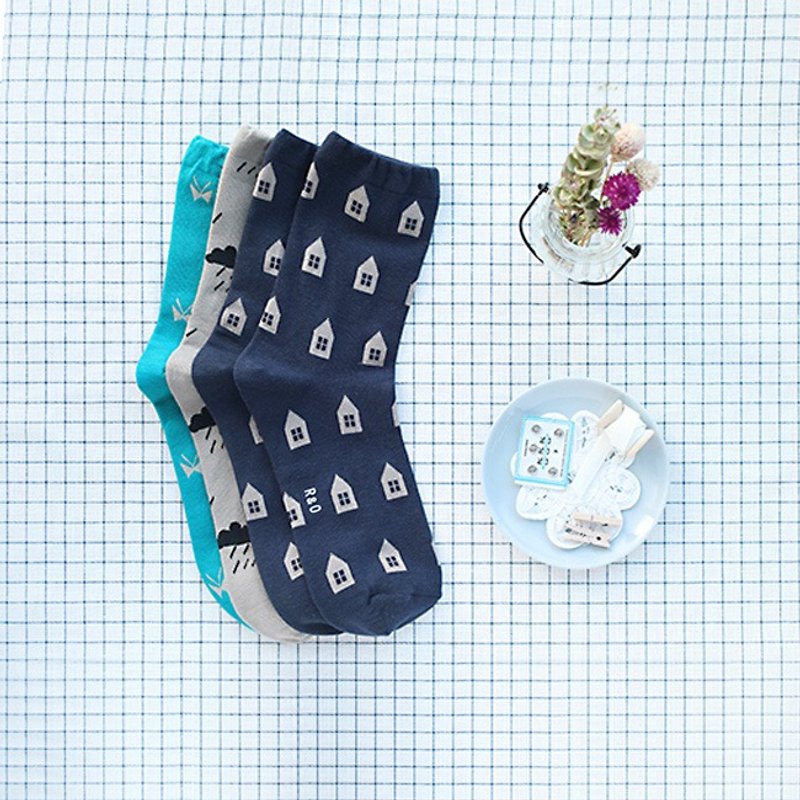 Dessin X Livework-R&O兰德欧图腾女长袜子-蓝色小屋,LWK92089 - 袜子 - 棉．麻 蓝色