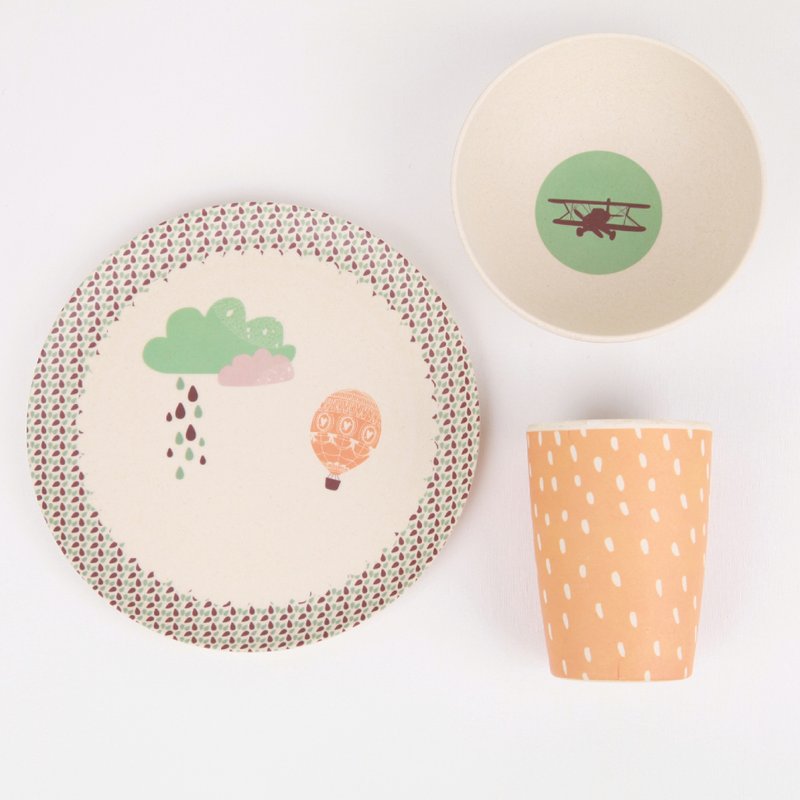 梦想天空 Yum Yum 环保无毒竹制儿童餐具-三件组 <love mae> - 浅碟/小碟子 - 竹 多色