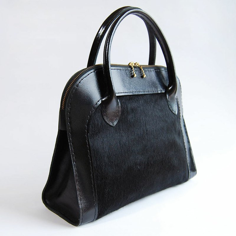 黑色真皮皮草小型手提包 - 手提包/手提袋 - 真皮 黑色