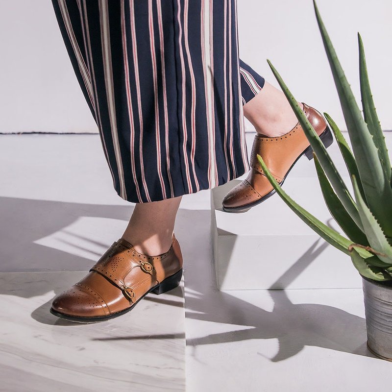 e cho 复古女绅双扣孟克鞋 ec19褐 - 女款休闲鞋 - 真皮 咖啡色