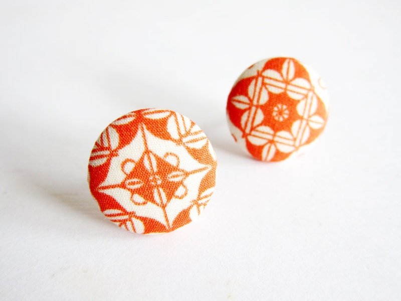 布扣耳环 复古花纹 可做夹式耳环 - 耳环/耳夹 - 其他材质 橘色