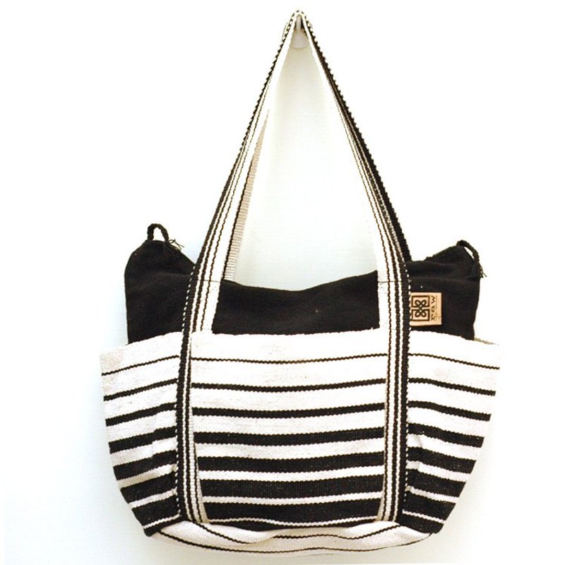 纯棉手织包-suddha妈妈包-黑白 - 侧背包/斜挎包 - 棉．麻 黑色