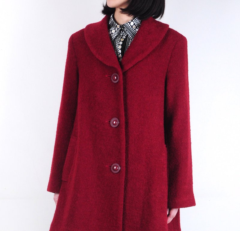 【蛋植物古着】蕃茄浓汤毛巾毛料中钟型翻领大衣 - 女装休闲/机能外套 - 其他材质 红色