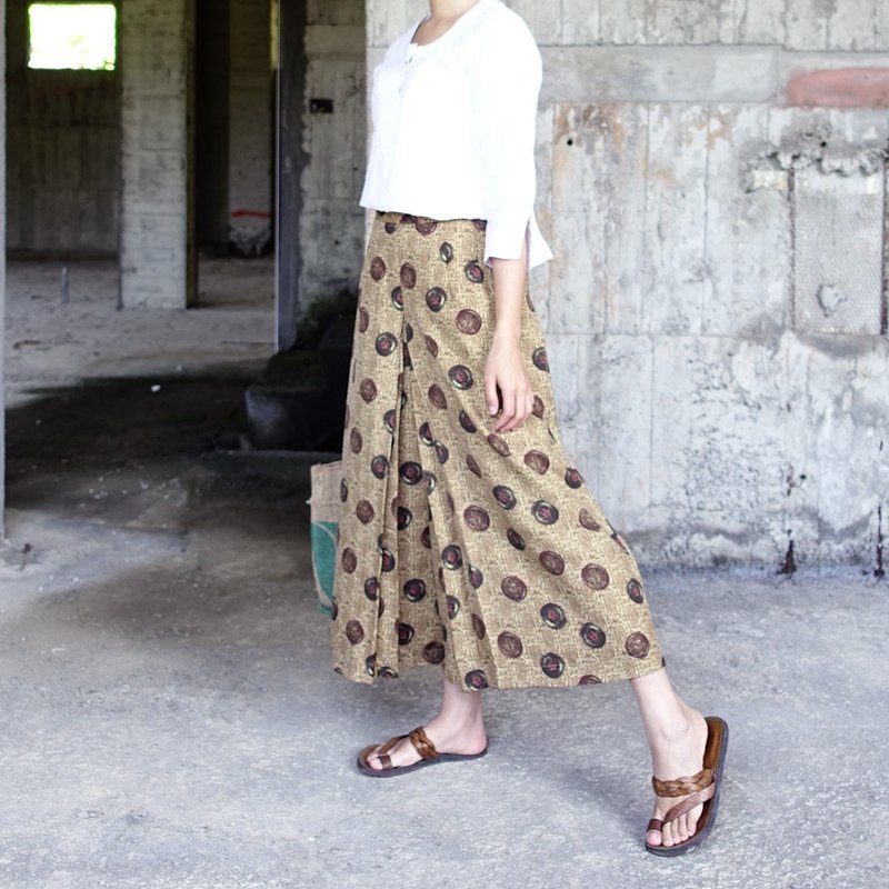 BajuTua /古着/ 茶色圆点图腾打褶高腰宽裤 - 女装长裤 - 其他材质 金色