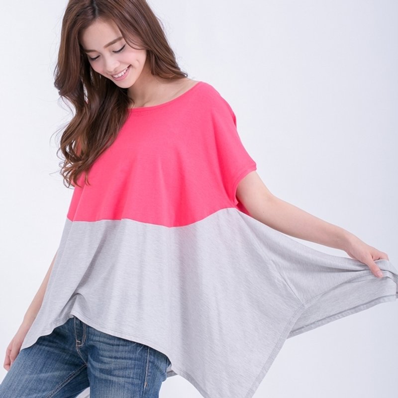 Jamie 拼接方圆摆上衣/珊瑚红 - 女装上衣 - 棉．麻 红色