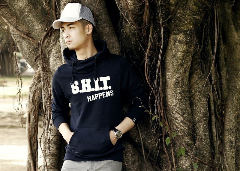 Hoodies shit系列_世事难料海军蓝色高领帽T_男版 - 男装上衣/T 恤 - 棉．麻 蓝色