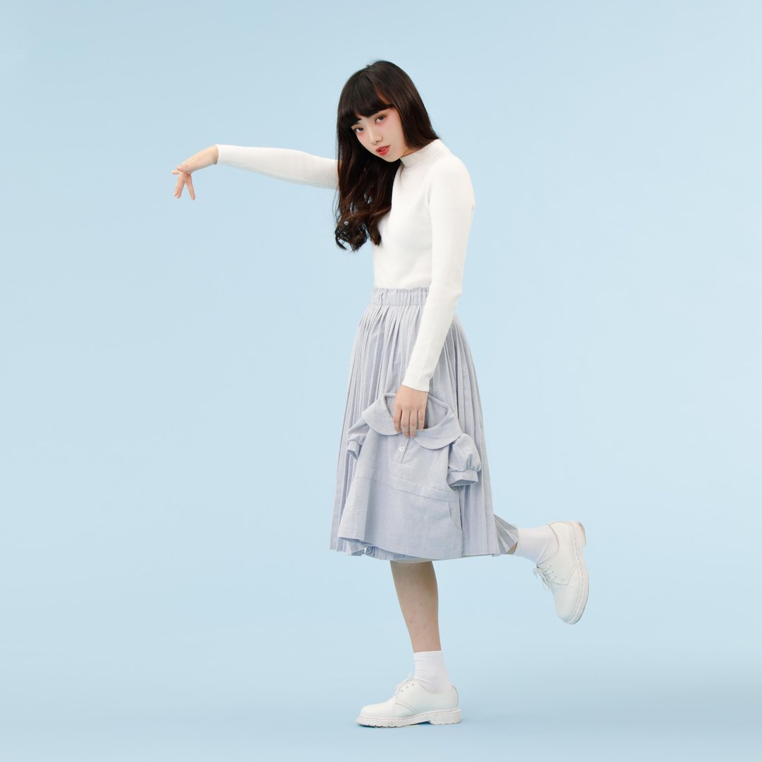 磨毛棉麻裂边设计童趣百褶裙 (附可拆除小女孩裙子) - 裙子 - 其他材质 蓝色