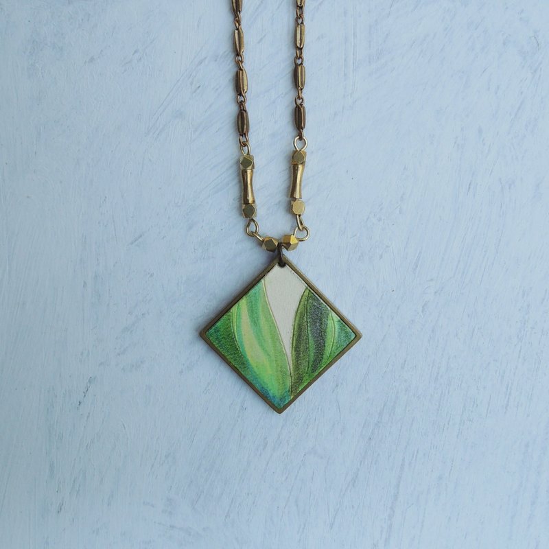 Natural Collection-grass／若草 手染皮革黄铜项链 - 项链 - 真皮 绿色