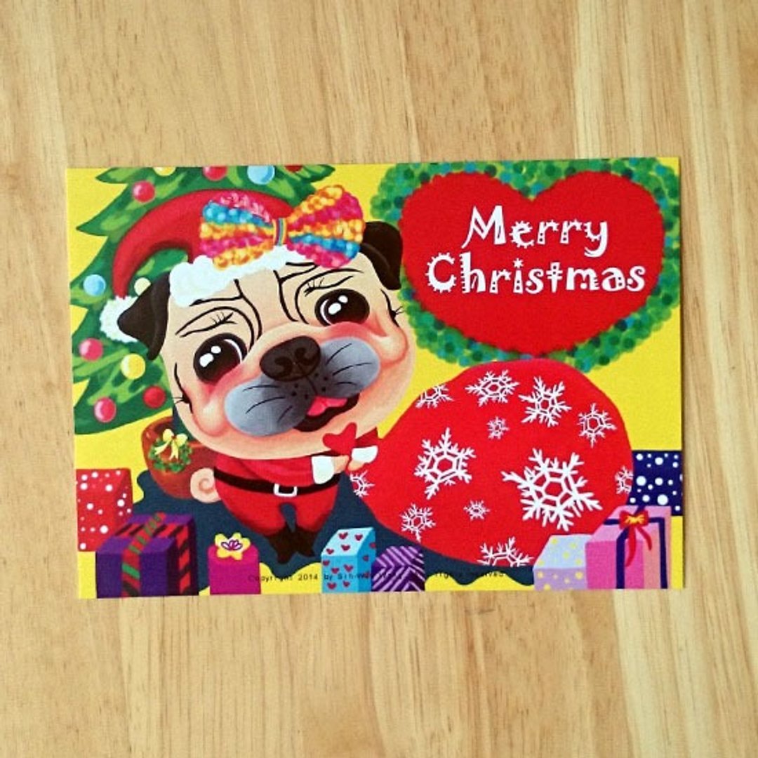 Merry Christmas 圣诞快乐 巴哥明信片-01 - 卡片/明信片 - 纸 白色
