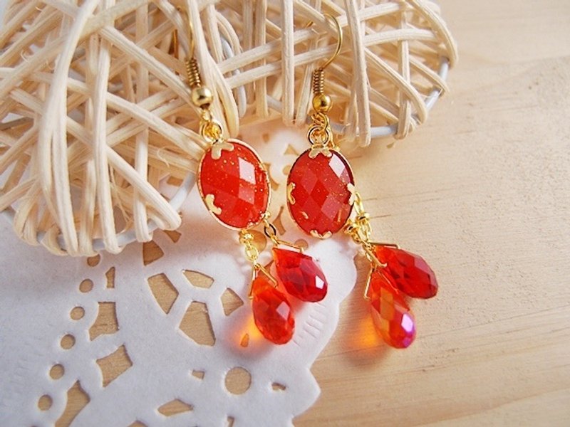 西西丫法 ◎ 初春 x 红滟滟宝石 x 多切面水晶水滴 x 金色系耳环耳勾///夹式耳环 - 耳环/耳夹 - 其他材质 红色