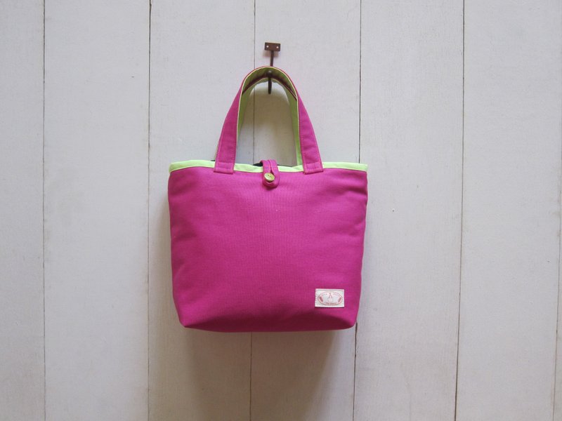 马卡龙系列-帆布小号托特包 洋红 + 果绿 (木扣开口款) - 手提包/手提袋 - 其他材质 多色