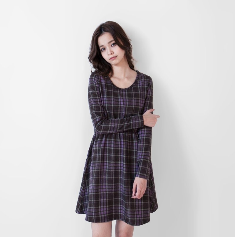 SUMI PLUS+●复古法蓝绒格纹长袖洋装●3AF151 - 洋装/连衣裙 - 其他材质 紫色