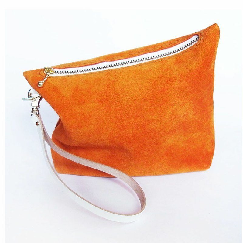 橘色牛戎皮手抓包/化妆包/收纳包 - 手拿包 - 真皮 橘色