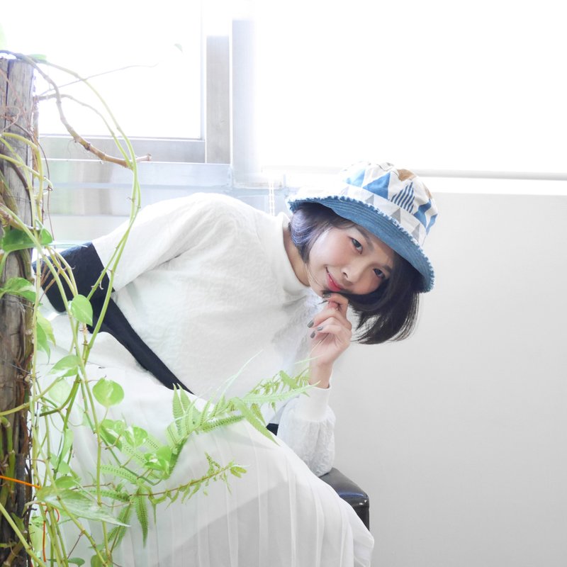 善变的双面渔夫帽 | 蓝绿几何三边形 - 帽子 - 棉．麻 蓝色