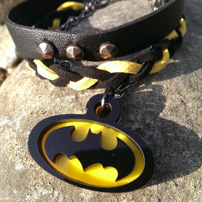 我的英雄情人/蝙蝠侠款/个性皮绳铆钉手链//黑黄配色 - 手链/手环 - 塑料 黄色