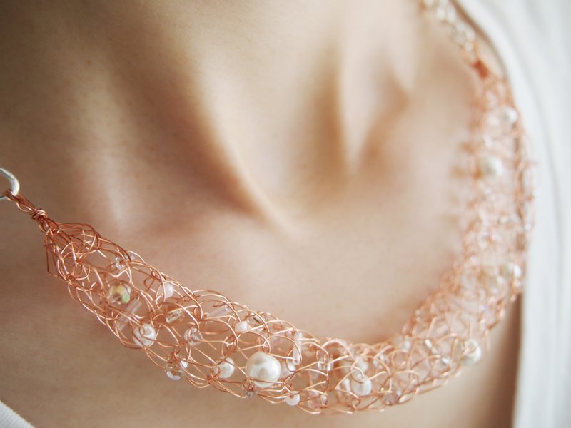 订制手工编织玫瑰金色铜线仿珍珠项链 ● 香港制造 - 项链 - 其他材质 白色