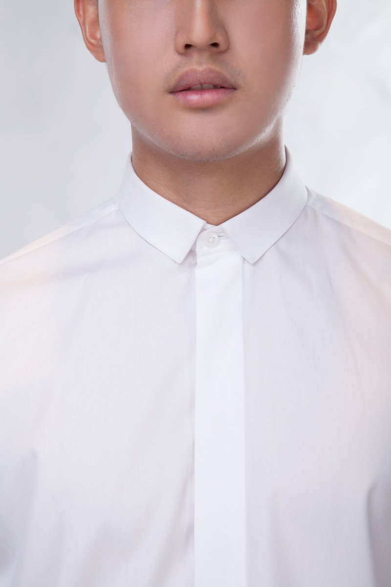 White mini collar shirt - 男装衬衫 - 棉．麻 白色