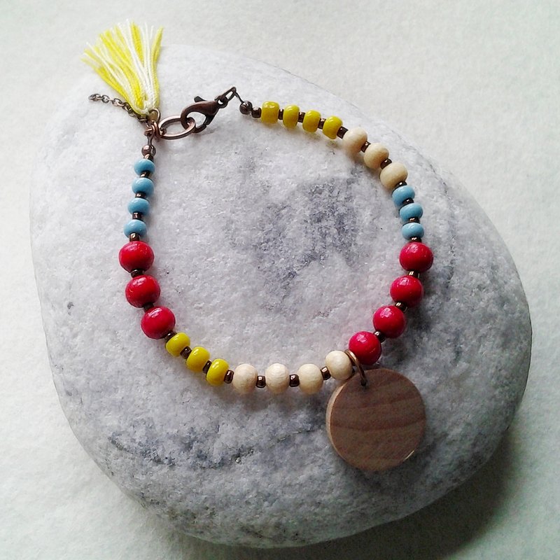 Muse 时尚民族风红色圆型几何原木+多彩珠手链 - 手链/手环 - 木头 红色