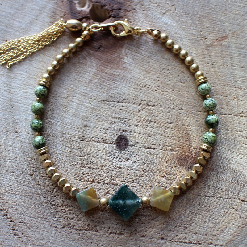 Muse自然风系列NO.17绿色玉雪花石黄铜手链 - 手链/手环 - 其他材质 多色