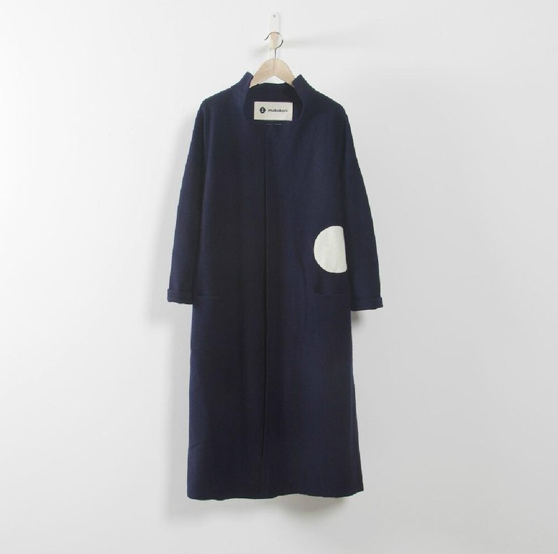 白点海军蓝羊毛风衣外套长衫大衣 - imakokoni - 女装休闲/机能外套 - 其他材质 蓝色