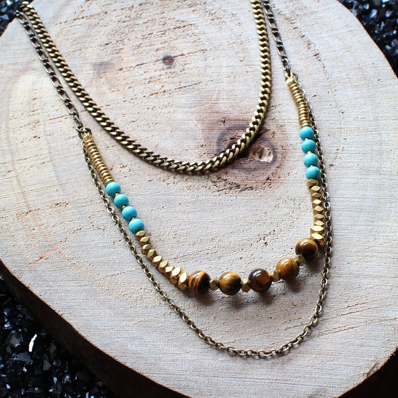 Muse自然风系列NO.97黄色虎眼石土耳其石黄铜双链项链 - 项链 - 其他材质 多色