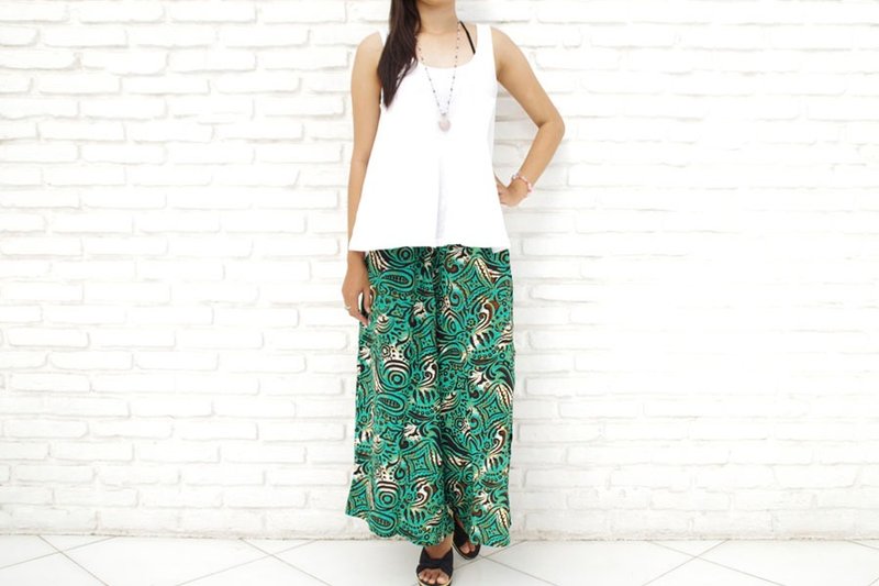 宽摆飘逸长裤 <佩斯利绿> - 女装长裤 - 纸 绿色