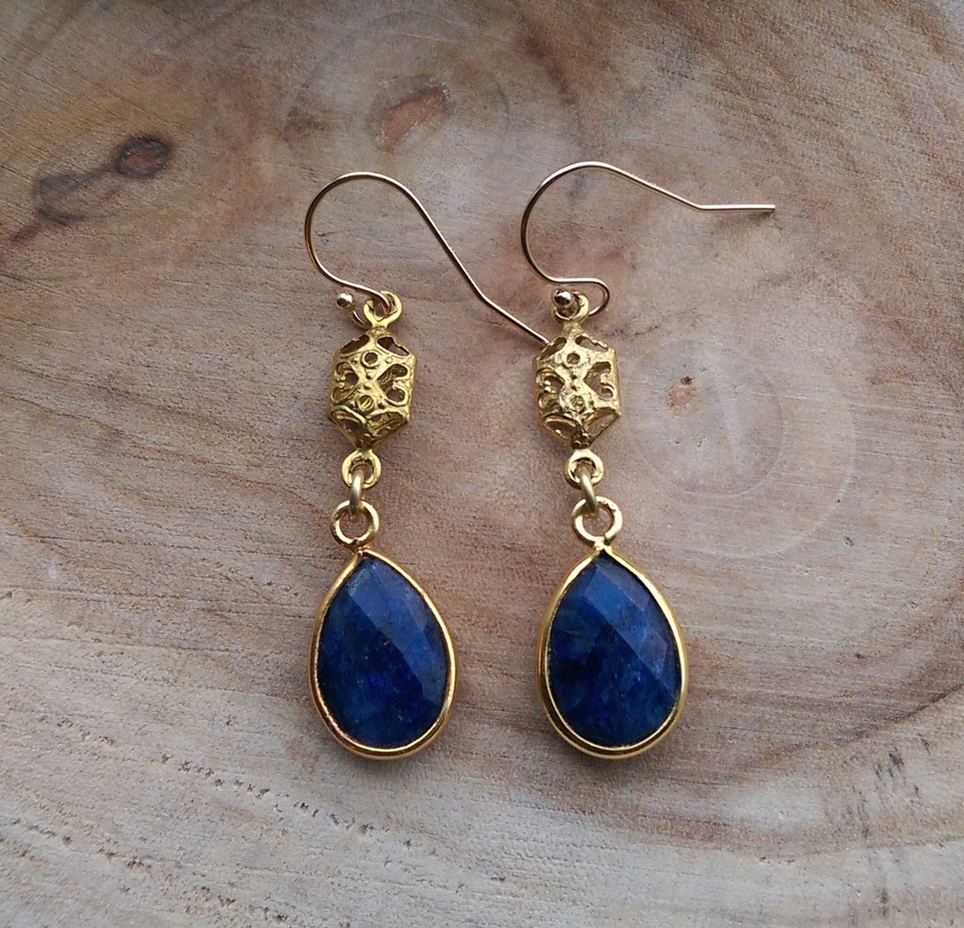 Lapis Lazuli青金石镂空黄铜耳环 - 耳环/耳夹 - 宝石 蓝色
