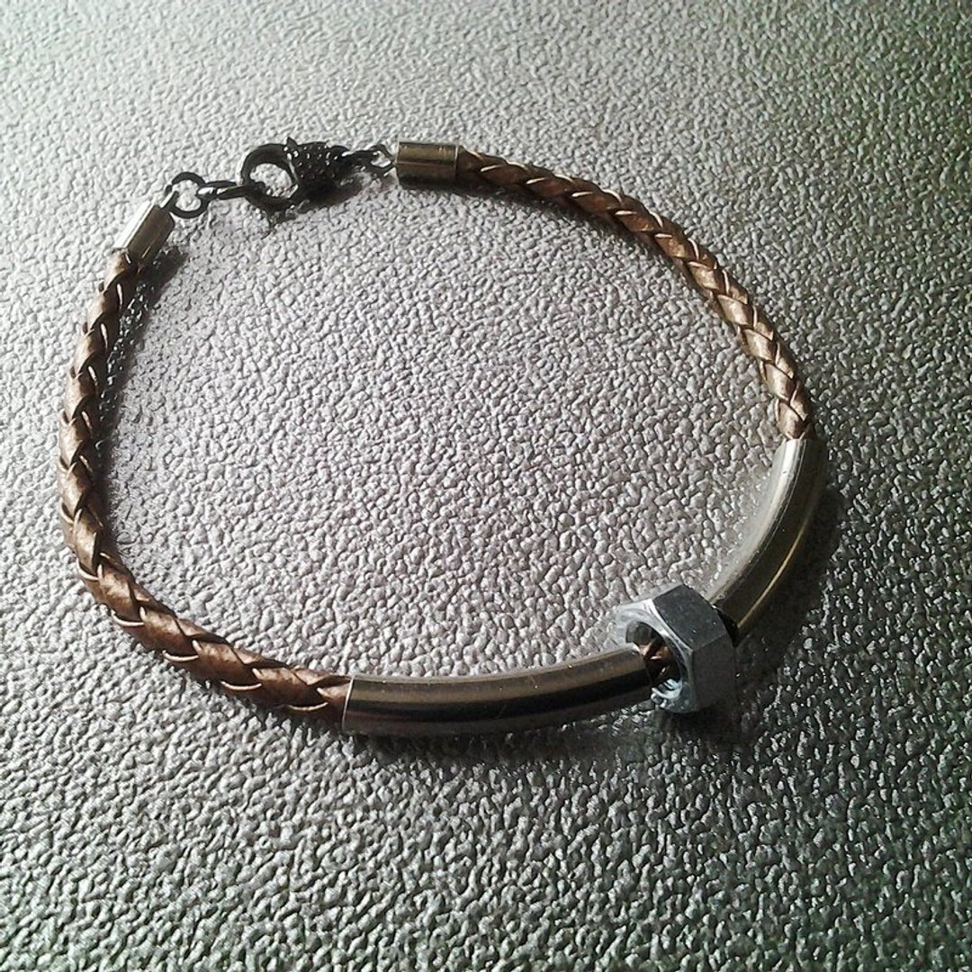 EarringFanatic金属轻摇滚咖啡金色辨子皮中性手链 - 手链/手环 - 真皮 咖啡色