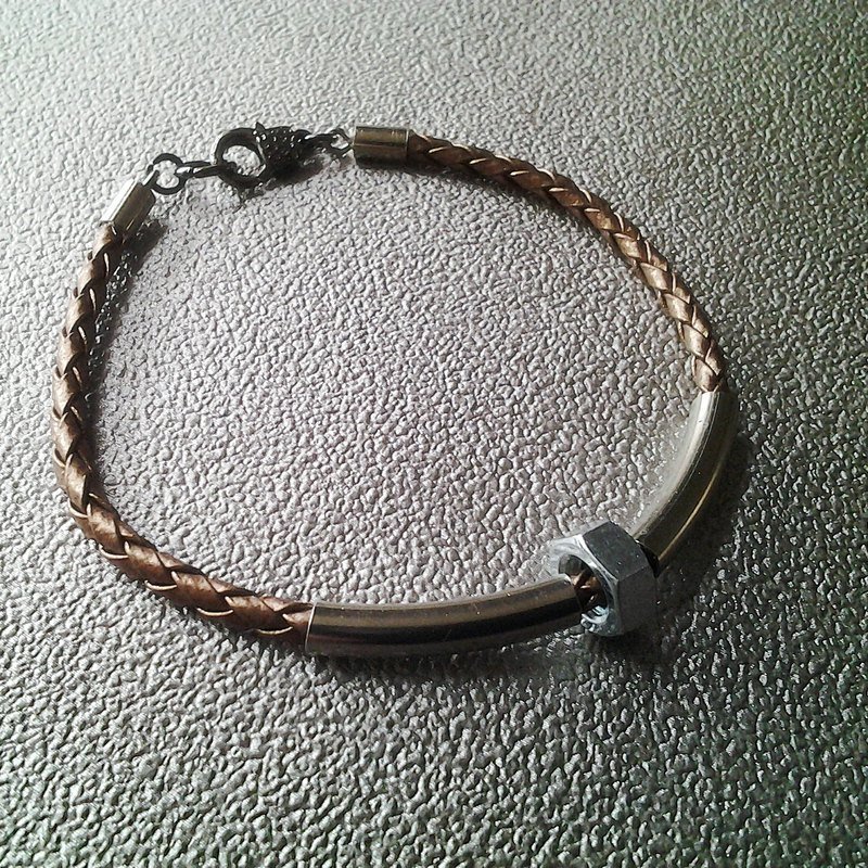 EarringFanatic金属轻摇滚咖啡金色辨子皮中性手链 - 手链/手环 - 真皮 咖啡色