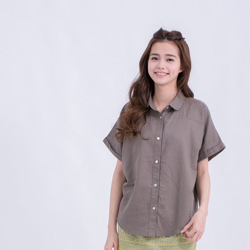 Dora 摺袖宽版衬衫 橄榄绿/朴质麻 - 女装上衣 - 棉．麻 绿色