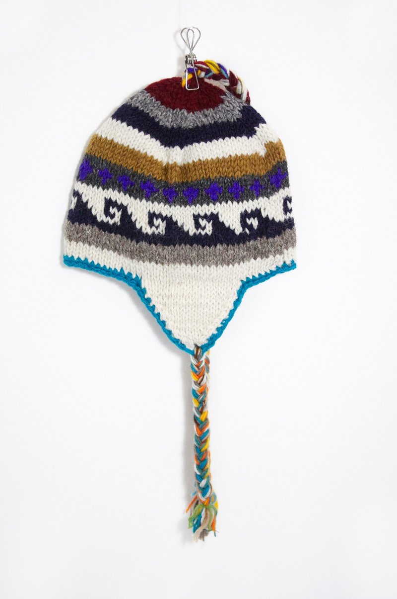 情人节礼物 手工编织纯羊毛帽 / 手工内刷毛毛帽 / 针织毛帽 / 飞行毛帽 / 毛线帽 - 蓝白色东欧民族图腾 ( 手工限量一件 ) - 帽子 - 其他材质 多色