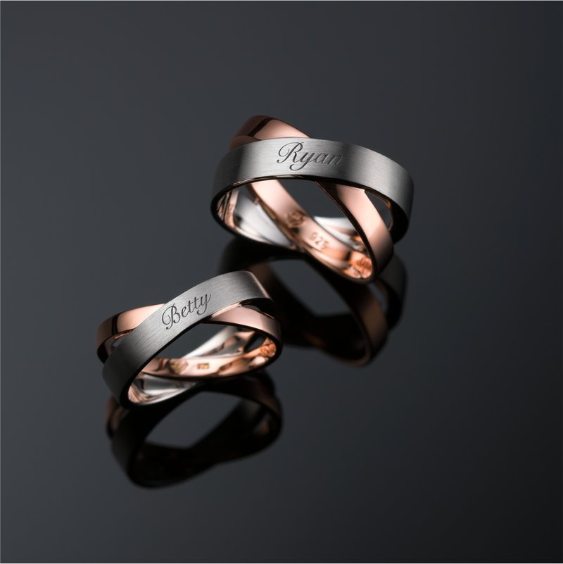 交织的旋律 - 定制刻字纯银玫瑰金镀面戒指  男女对戒 - 对戒 - 宝石 白色