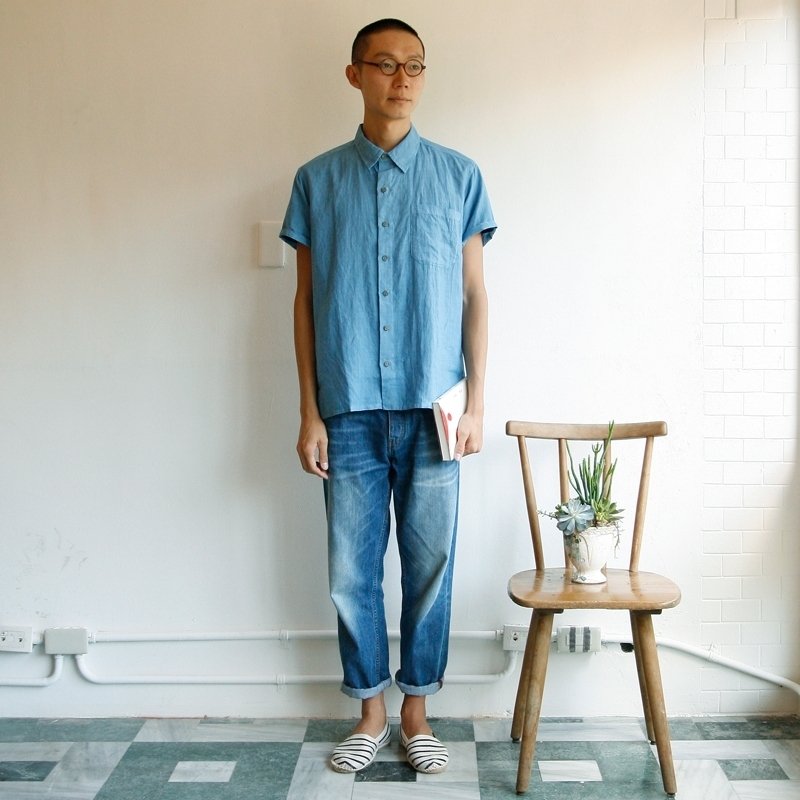 蘑菇mogu / 天然染亚麻衬衫 / 庄仔 / 古着 - 女装衬衫 - 植物．花 蓝色