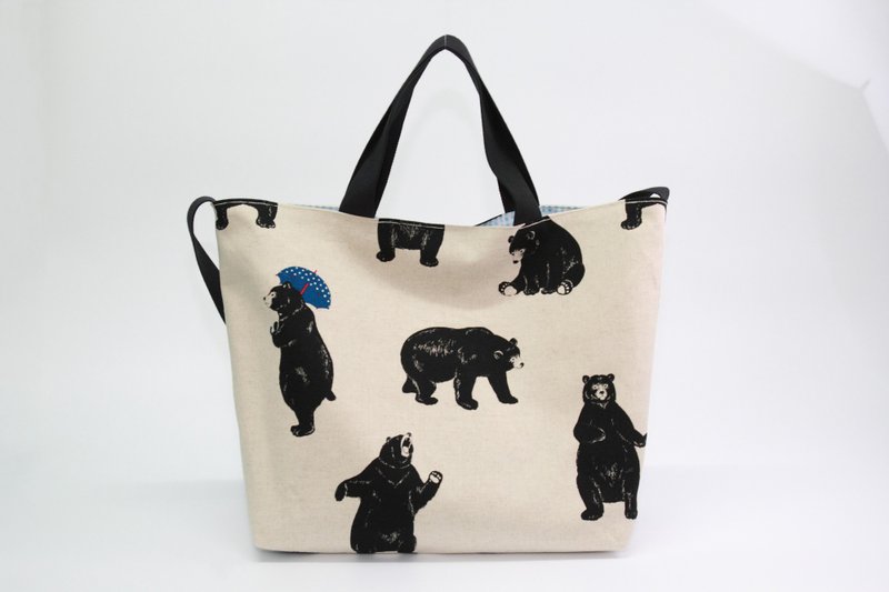 Pu．Leimi 日系手作 日本制厚棉布黑熊雨伞手提肩背两用包/托特包/肩背包/手提包/新年礼物 - 手提包/手提袋 - 其他材质 
