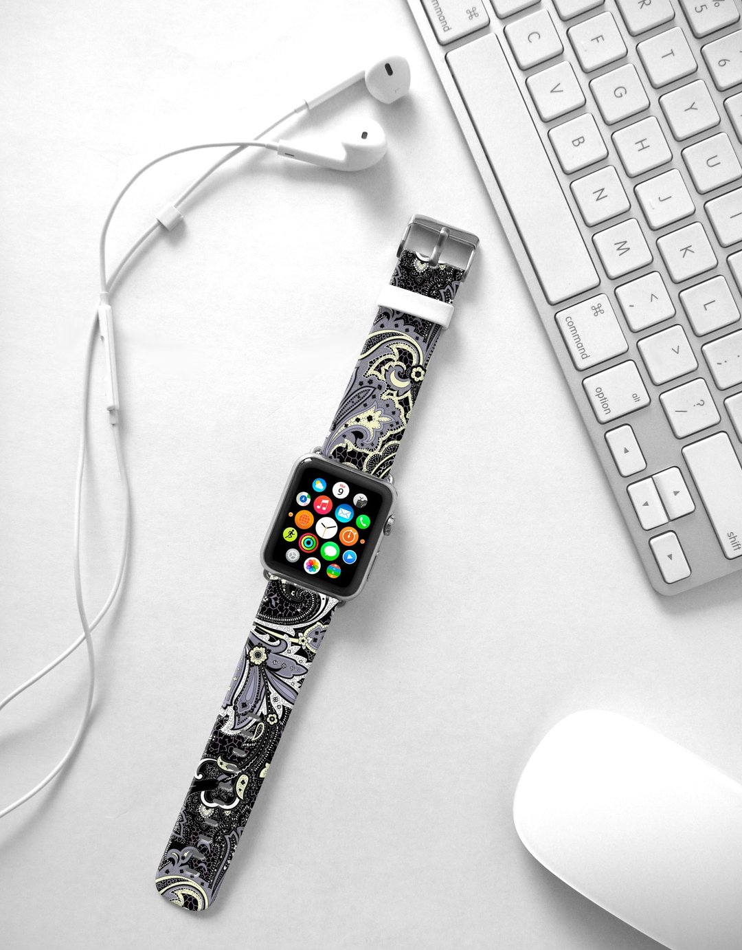 Apple Watch Series 1 , Series 2, Series 3 - Apple Watch 真皮手表带，适用于Apple Watch 及 Apple Watch Sport - Freshion 香港原创设计师品牌 - 黑色花样图纹 65 - 表带 - 真皮 