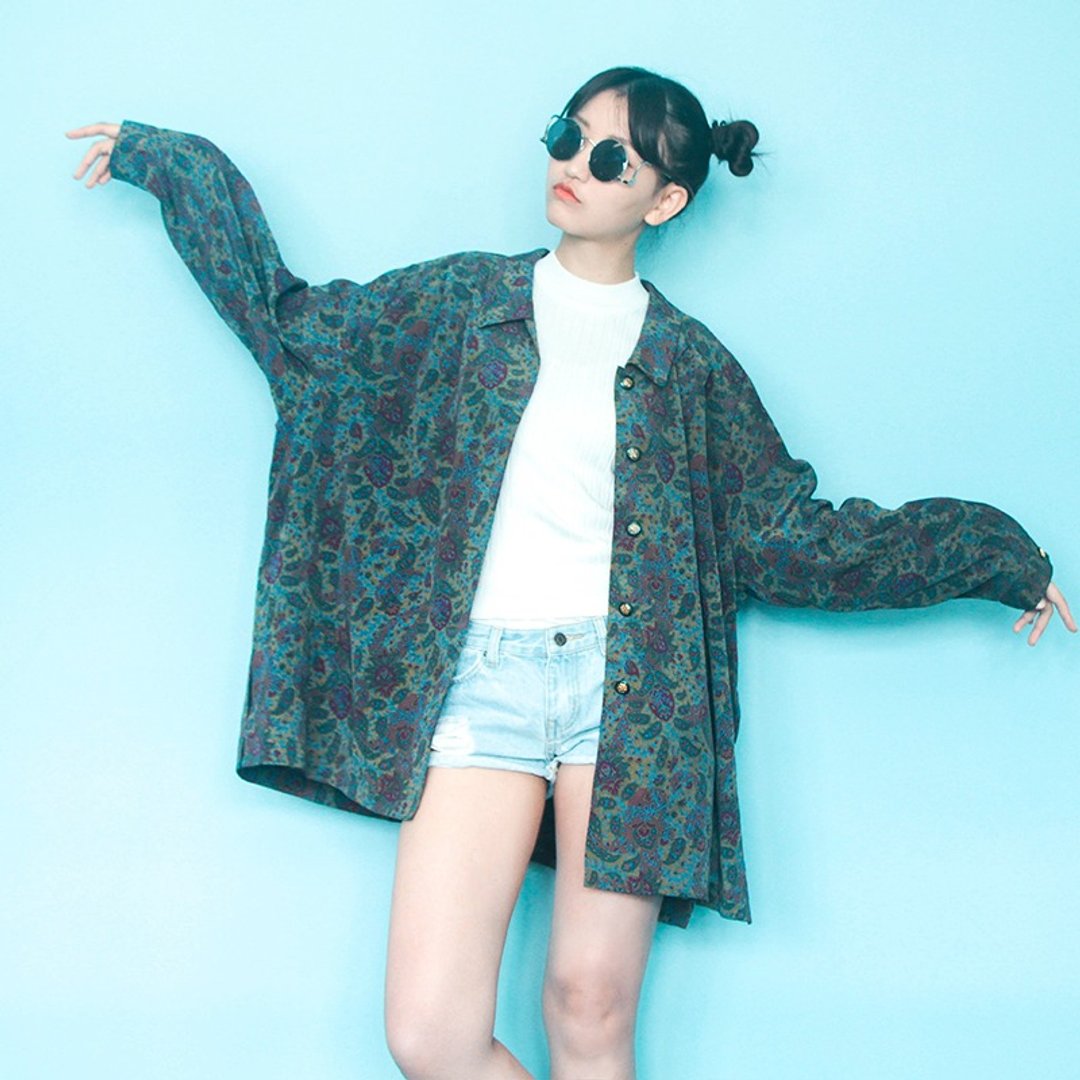 古着│蓝绿宝石阿米巴变形虫变宽版外套 - 女装休闲/机能外套 - 其他材质 蓝色