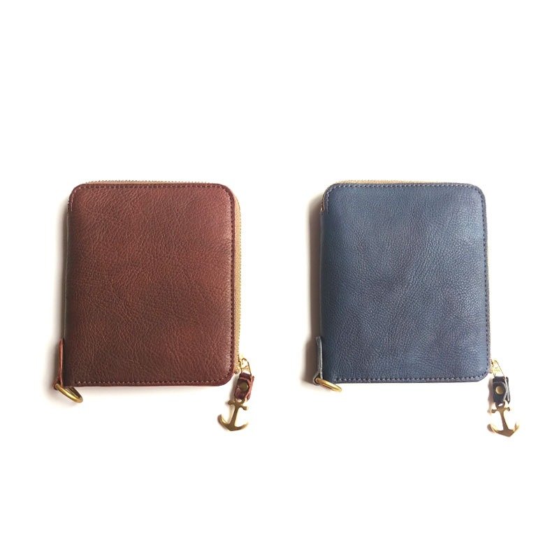 日本圣林公司旗下皮件品牌Damasquina-植物揉牛皮拉链短夹 - 皮夹/钱包 - 真皮 蓝色