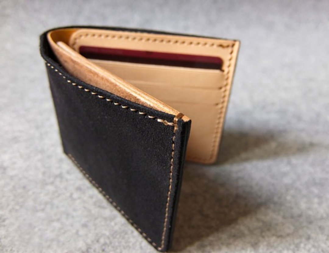 真皮个性短夹Wallet 6卡+2个L夹 深蓝麂皮+原色皮革 - 皮夹/钱包 - 真皮 