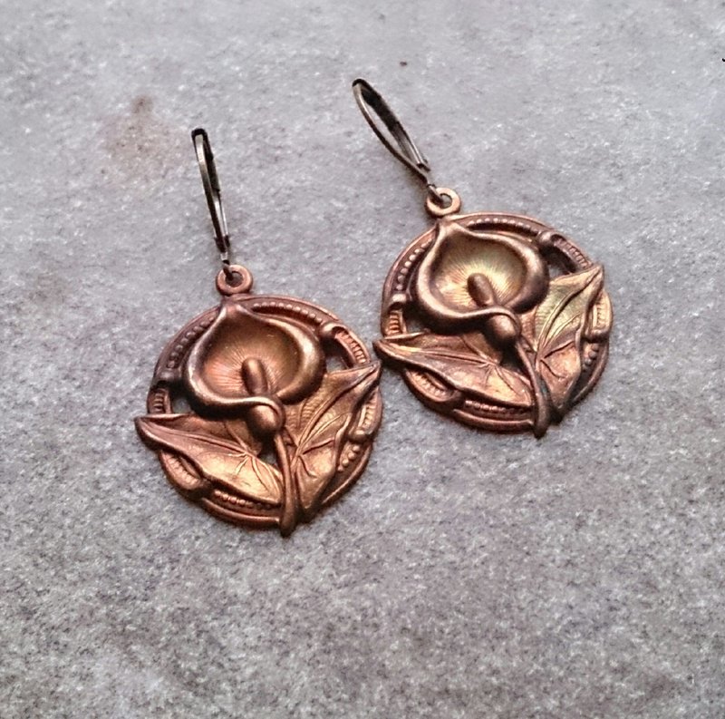 art nouveau古董花卉黄铜耳环 - 耳环/耳夹 - 宝石 金色