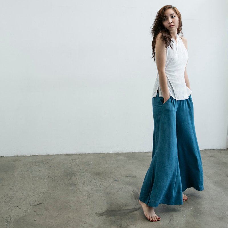 手工棉麻宽裤 - 蓝 - 女装长裤 - 棉．麻 蓝色