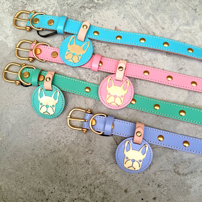 Oops 法斗微铆钉真皮项圈(L）-圣诞礼物- - 项圈/牵绳 - 真皮 粉红色